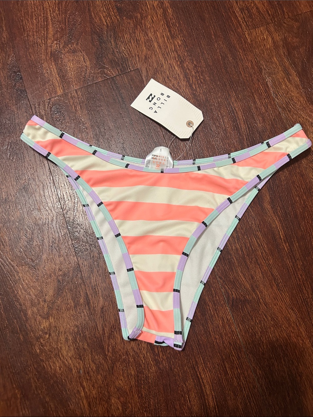 Billabong Coral & Cream Striped Bikini Bottom with Mint and Lavender Trim - Picture 2 of 7
